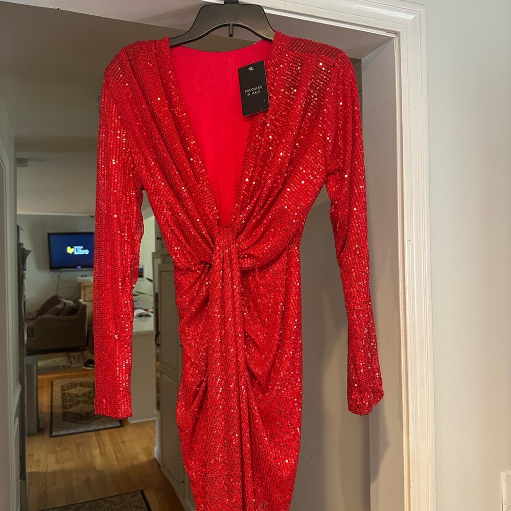 Zara Vibrant Red Sequin Long Sleeve Dress